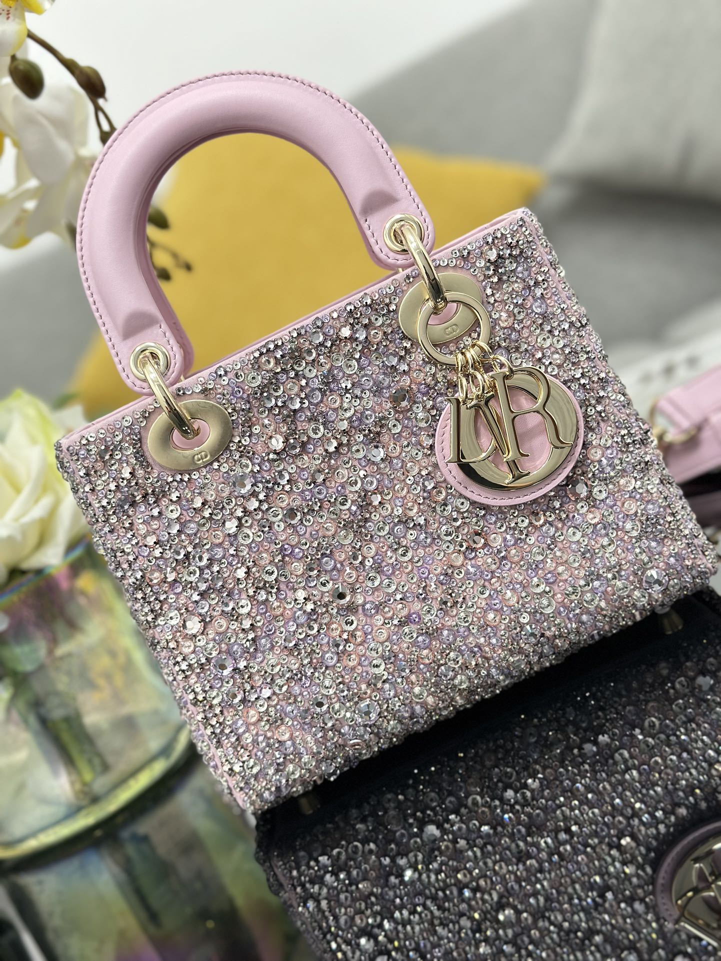 Small Lady Dior Bag Pink Satin Embroidered with Bead Diamond